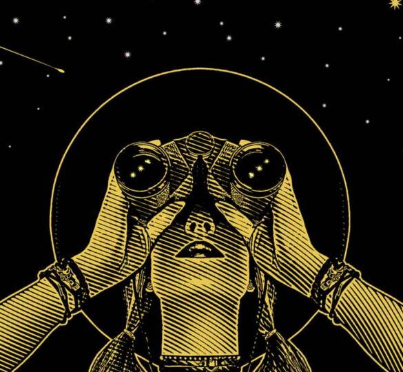 Illustration of young woman looking through binoculars at a night sky